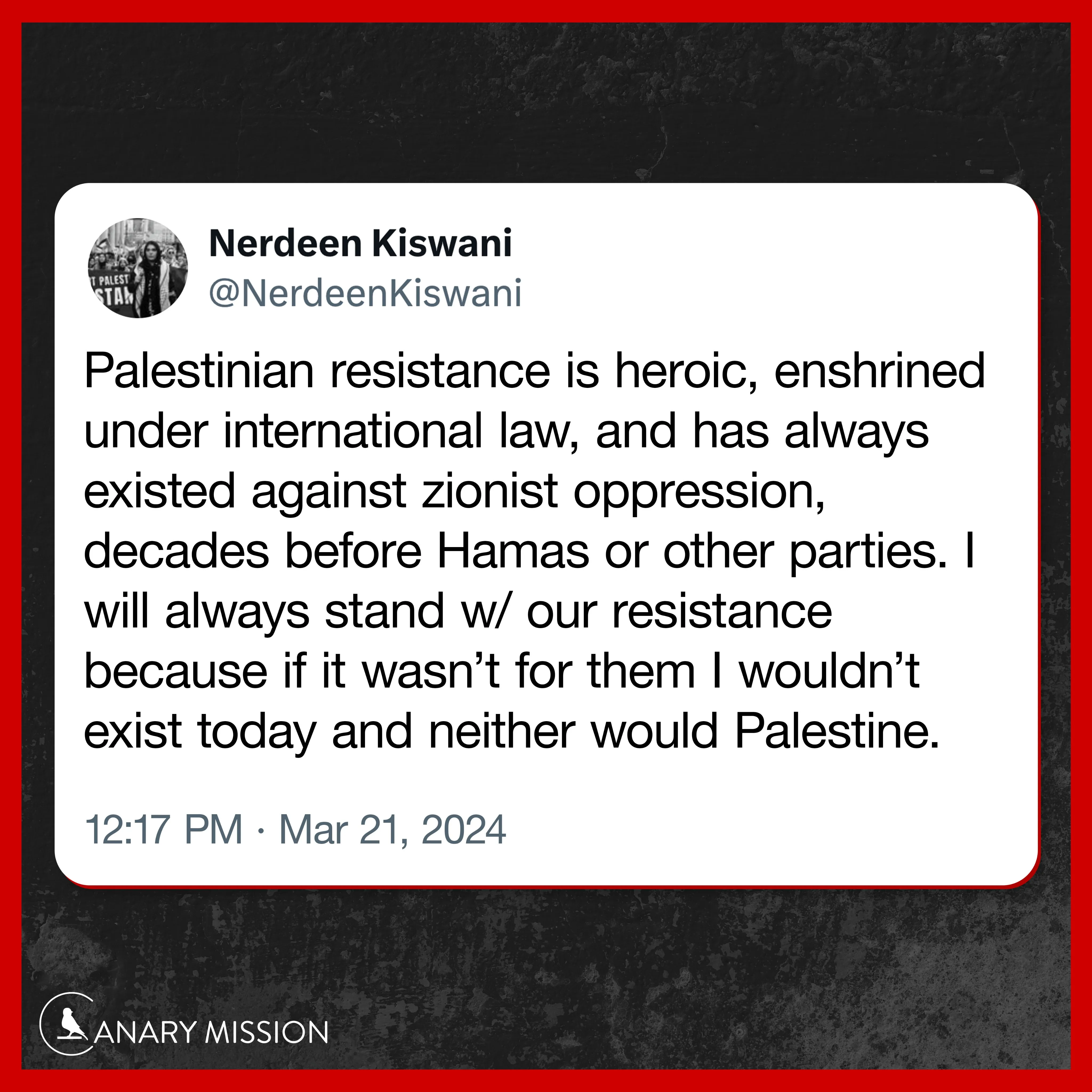 WOL leader Nerdeen Kiswani praised violent “resistance” against Zionism—calling it “heroic” and essential to her existence—just months after Hamas’s October 7 massacre.